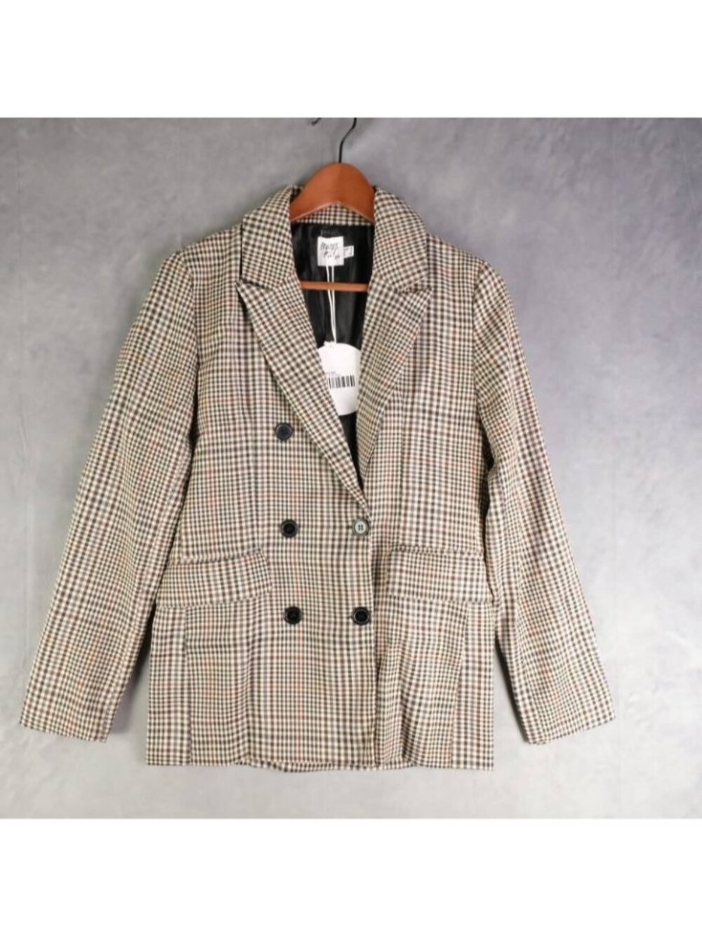 Princess Polly Jacket Womens Medium Tan Houndstooth Check Double Breasted Blazer